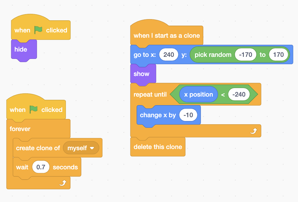 Scratch blocks: hide on green flag; spawner with create clone and wait; clone script with go to x 240, random y, show, repeat until x position < -240, change x by -10, delete this clone
